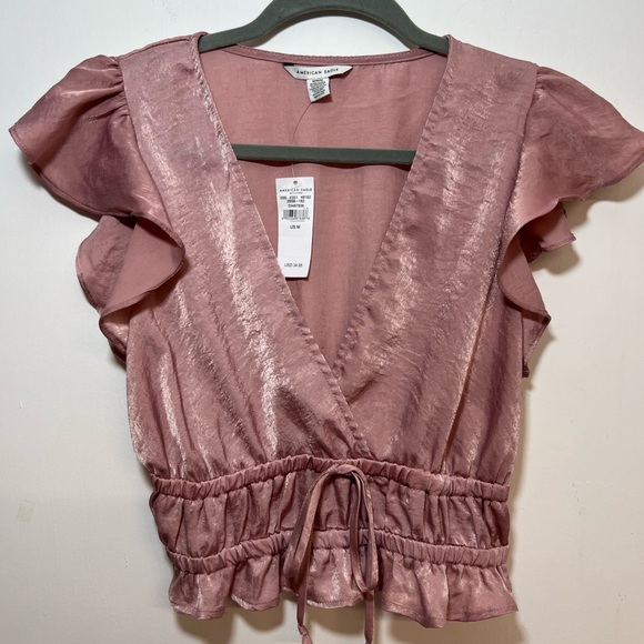 NWT American Eagle Outfitters Shimmering Pink Ruffle Blouse Size M - Picture 1 of 13